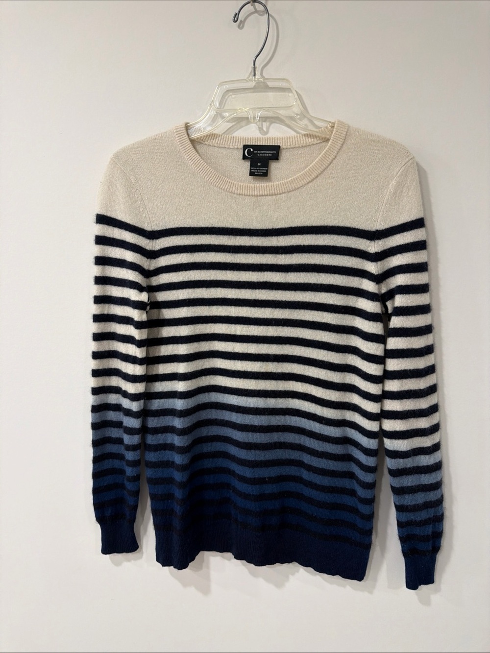 C By Bloomingdales Cashmere Ombre Ivory Blue Striped Pullover Sweater Medium